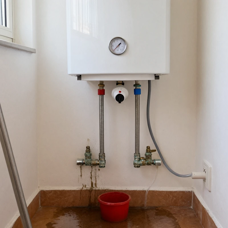 Antes: llaves del termo oxidadas, pared con churretes y un charco en el suelo con un cubo rojo.